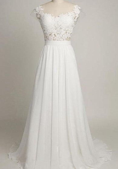 A-Line Sweetheart Cap Sweep Train Backless Chiffon and Lace Dress