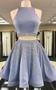 Two Piece Blue Scoop-neck Short Mini Prom Dress with Beadings