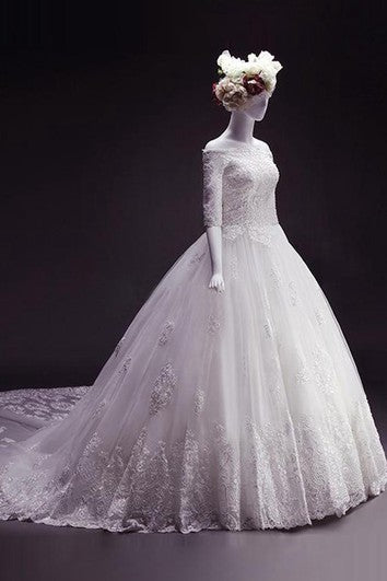 Ballkleid Off-The-Shoulder Halbarm Hofschleppe Spitzenkleid