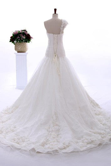 Floor-Length One-Shoulder Sweetheart Sleeveless Dropped Beading Flower Cathedral Train Corset Back Lace Organza Dress