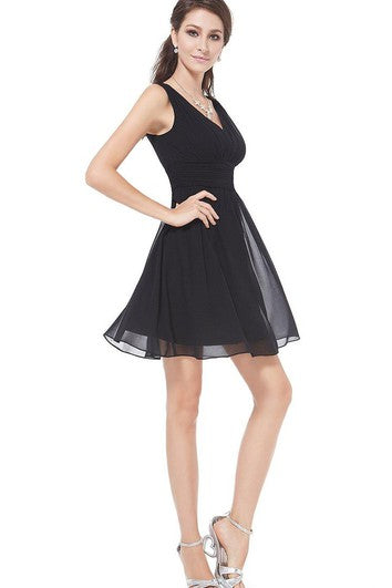 Sleeveless V-neck A-line Short Ruched Chiffon Dress