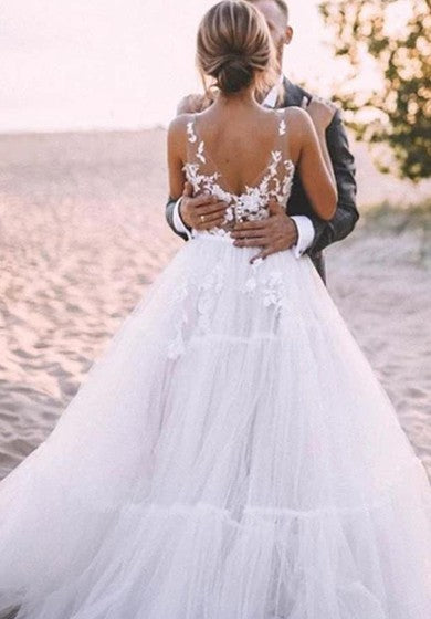 Jednoduché krajkové tylové plesové šaty s V-výstřihem, podlahové délky, bez rukávů, svatební šaty s aplikacemi