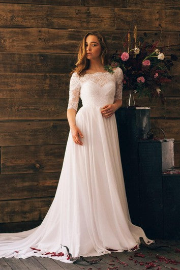 3-4 Sleeve Bateau Neck Chiffon Dress With Lace Bodice