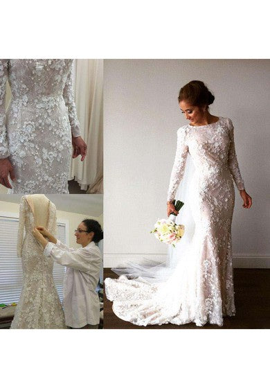 Vintage Long Sleeve 3D-floral Appliques Crystal Mermaid Wedding Dress