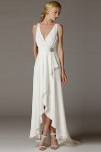 High-Low V-Neck Ruched Draped Chiffon Wedding Dress With Brush Train And V Back