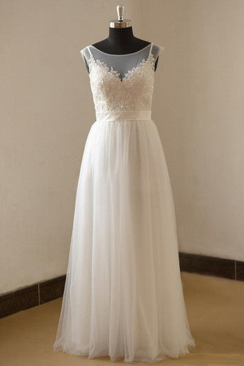 A-Line Tulle and Lace Cap Sleeve Dress With Bateau Neckline and Illusion Back