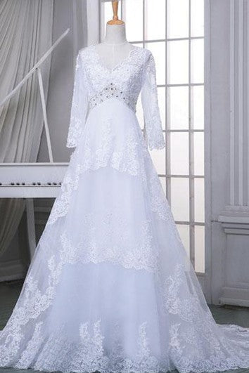 A-Line Floor-Length V-Neck Long Sleeve Beading Zipper Lace Dress