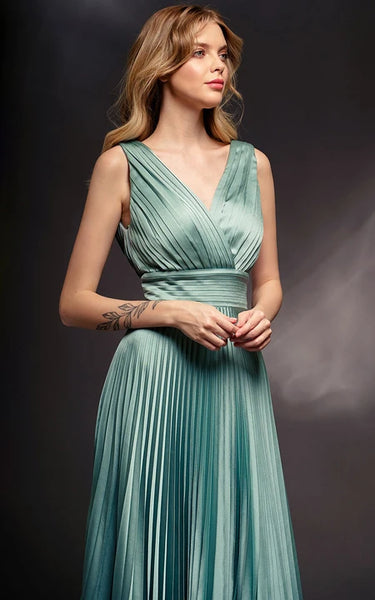 Formal Pleated V-neck Sleeveless Dress with Low-v Back