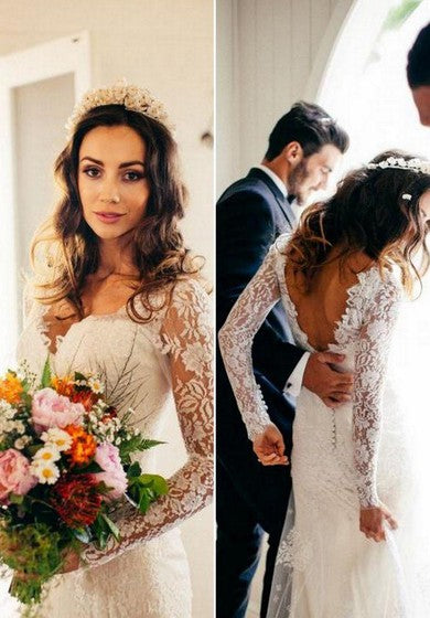 Mangas largas bohemias románticas Sexy Vestido de boda de encaje sin cuello profundo V cuello