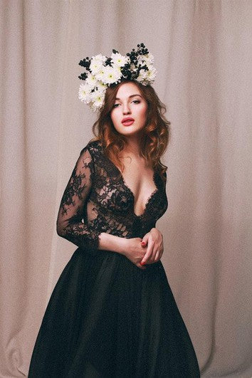 Sexy Black Lace Appliques Vestido de noche con cuello en V.