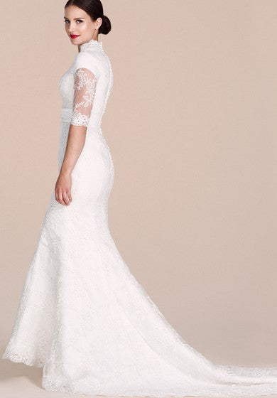 Half-sleeved Lace Gown With Illusion Sleeves