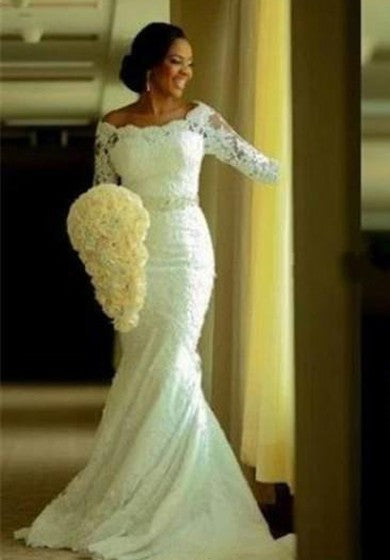 Modest Plus Size Mermaid Lace Long Sleeves Bridal Gown with Sash