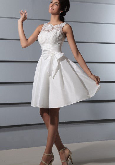 Deep V-Back Lace Short Dress With Sash and Bow