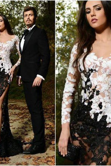 Sexy Lace Appliques Mermaid Prom Dress Front Split Black and White