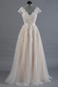Cap Sleeve V-Neck A-Line Tulle Dress With Lace Bodice and Satin Sash