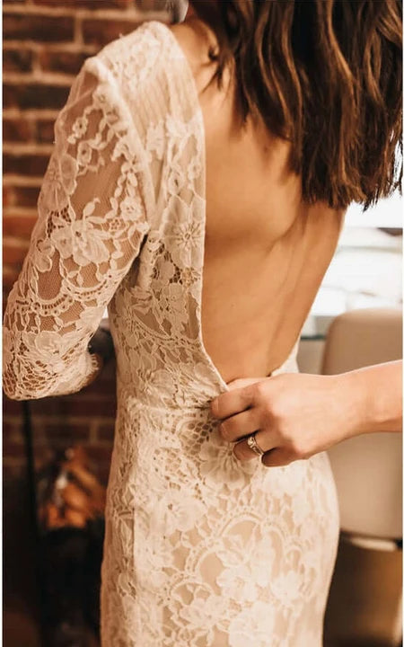 V-Neck 3-4 Sleeve Gheath فستان زفاف من الدانتيل عتيقة مع قطار المحكمة