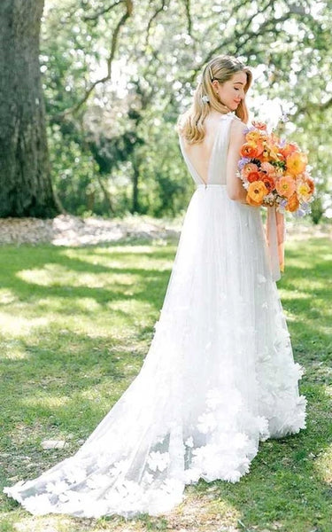 Ethreal Plunged Forest Tulle Wedding Dress with Floral Appliques