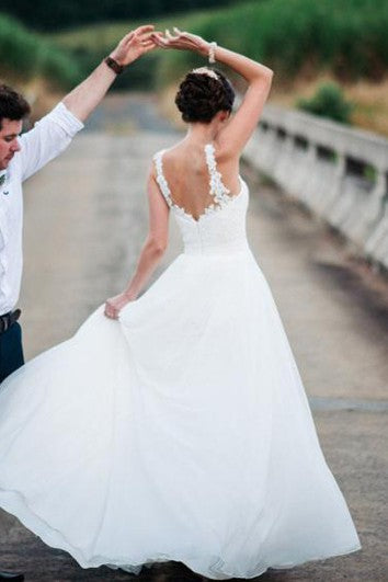 Ležérní ramínka šifonová krajková A-linie podlahové délky s vlečkou bez rukávů svatební šaty