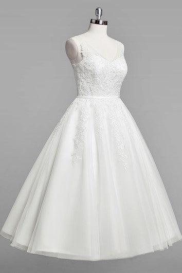 V-Neck Sleeveless A-Line Lace Tea-Length Wedding Dress