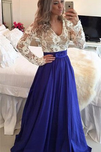 Modern Lace Chiffon Long Sleev Prom Dress Zipper Button Back