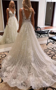 Sexy Sleeveless Plunged A-line Empire Ball Gown Wedding Dress with Beadings