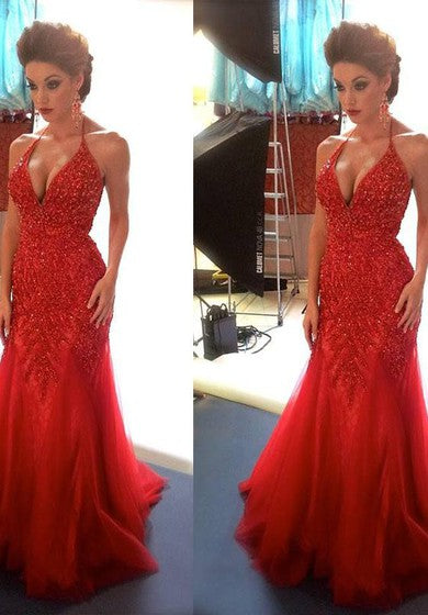 Sexy Beadings Tulle Mermaid Red Evening Dress 2018 Spaghetti Strap