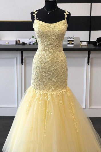 Sexy Lace Tulle Mermaid Spaghetti Sleeveless Prom Dress With Straps Appliques