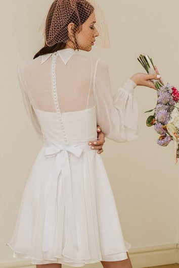 Casual Tulle Short Long Sleeve A Line Illusion Wedding Dress with Bow