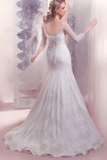 Mermaid Floor-Length Bateau-Neck Illusion-Sleeve Lace-Up Lace Dress With Beading