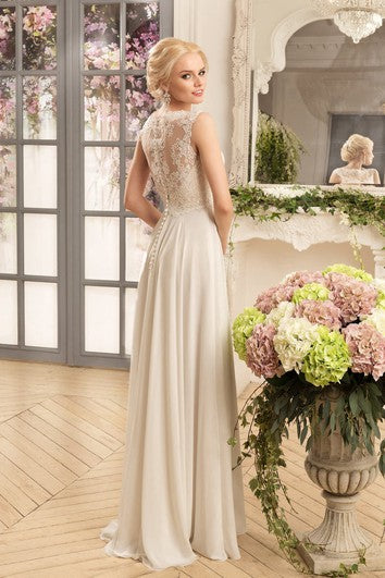 Guaina Maxi Bateau Cap-Pleeve Illusione Abito in chiffon con fronte e appliques