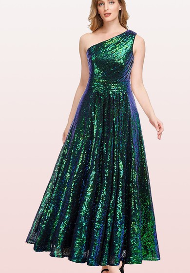 Vintage One-shoulder A Line Sleeveless Ankle-length Sequins Bridesmaid Dress With Ruching