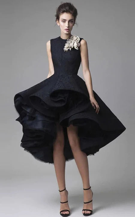 Black Gothic High-low Ruffled Multi-layer Jewel-neck Cocktail | Prom | Formal Dress