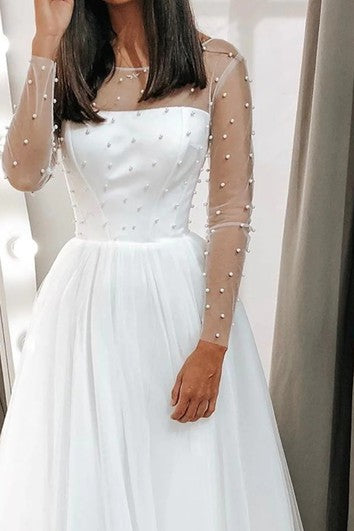 Modest Bateau A Line Tea-length Long Sleeve Wedding Dress With Beading