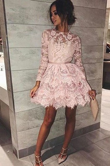 A-line Long Sleeve Lace High Neck Zipper Short Mini Homecoming Dress