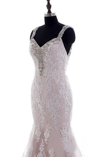 Mermaid Mini Straps V-Neck Bell Cap Beading Appliques Court Train Backless Straps Lace Dress