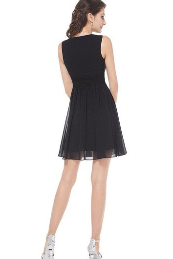 Sleeveless V-neck A-line Short Ruched Chiffon Dress