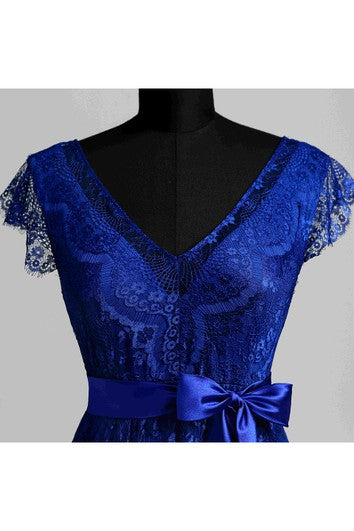 A-line V-neck Cap Short Sleeve Floor-length Lace Dress with Sweep/Brush Train