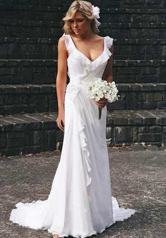 Elegant V-neck Chiffon Ruffles Sleeveless Wedding Dress Bridal Gowns