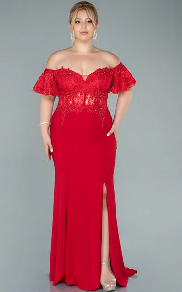 Sexy Off-the-shoulder Sheath Front Split Chiffon Prom Plus Size Dress with Lace Applique