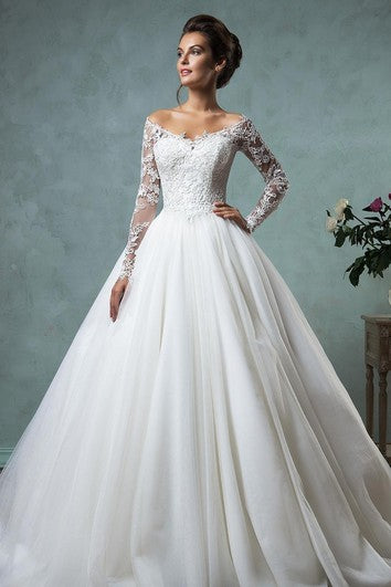 A-Line Ball Gown Empire Mini Jewel V-Neck Long Sleeve Bell Empire Dropped Appliques Court Train Backless Tulle Lace Dress