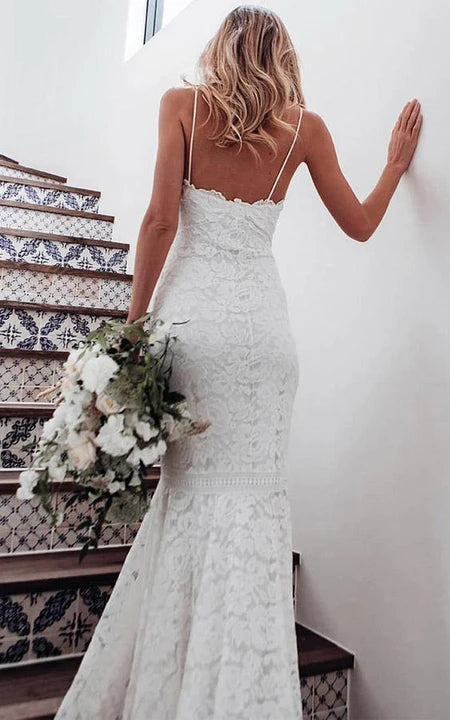 Casual Spaghetti Sheer Lace Mermaid Wedding Dress with Sweep Train