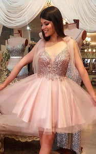 Empire Sleeveless Plunged-neckline Short Prom |  Homecoming Dress with Beaded Top and Bow