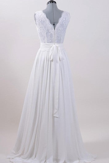 A-Line Sleeveless V-Neck Chiffon Dress With Lace Bodice and Cinched Waistband