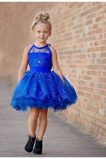 Newest Royal Blue Lace Appliques Flower Girl Dress Halter Puffy Mini