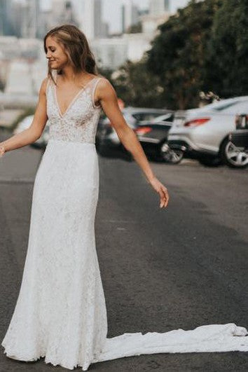 Sexy abito da sposa da sposa da spina con guaina con scollo a V-Neck Light Long Long Fallo