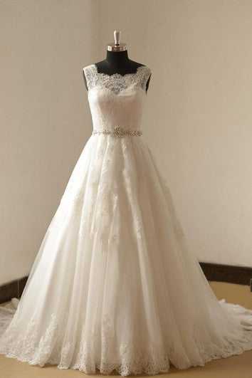 Lace A-Line Sleeveless Gown With Scalloped Bateau Neck and Beaded Waist