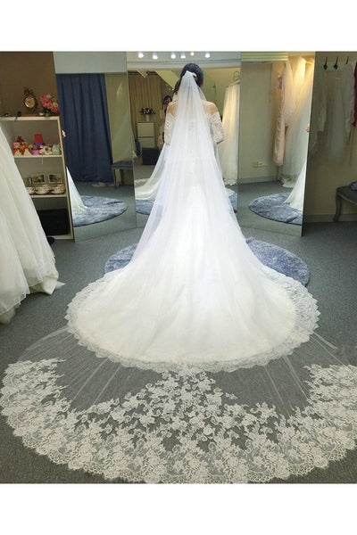 Romantic Tulle Long Wedding Veil with Lace Edge