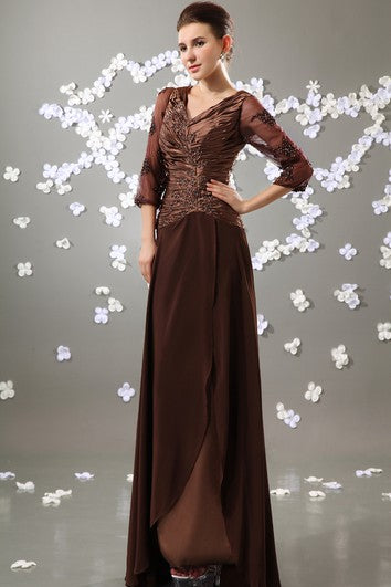 V-Neck 3-4 Sleeve Chiffon Floor-Length Dress With Ruched Top