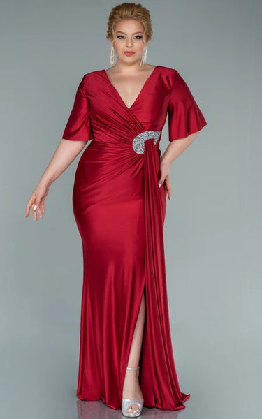 Charming V-neck Half-sleeve Sheath Mermaid Ruched Front Split Plus Size Evning Dress