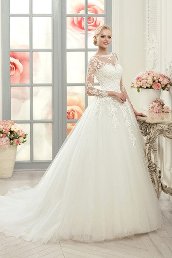 Ball Gown Floor-Length Bateau Long-Sleeve Illusion Tulle Lace Dress With Appliques